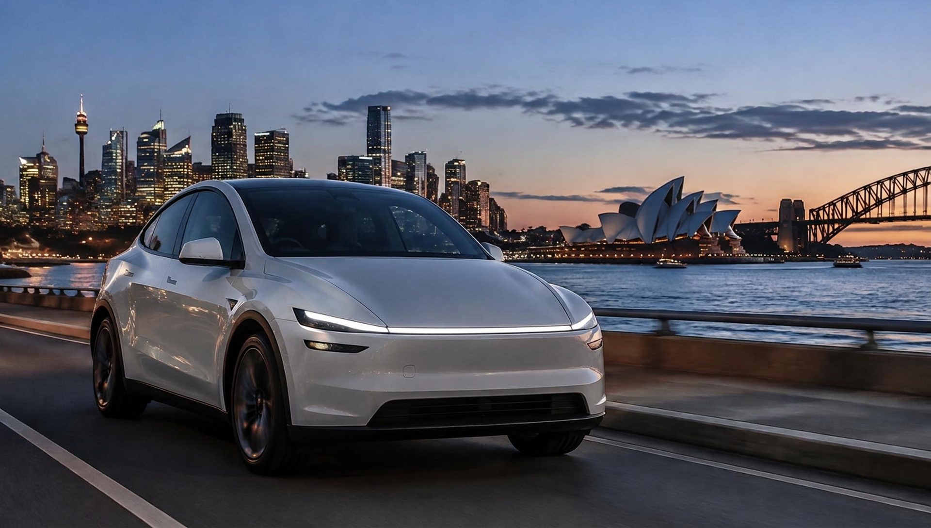 Current-generation 2026 Tesla Model Y available to hire beside Sydney Harbour